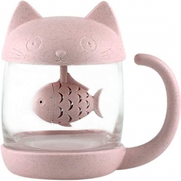 Cute Cat Glass Tea Mug Water Bottle-With Fish Tea Infuser Strainer Filter 250ML（8OZ ）tea accessories for tea lovers Pink