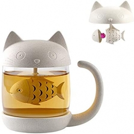 Cute Cat Glass Tea Mug Water Bottle-With Fish Tea Infuser Strainer Filter 250ML（8OZ ）Tea Accessories for Tea Lovers White