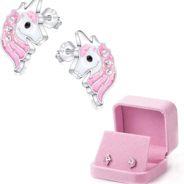 Cute Unicorn Stud Earrings Light Pink Sparkling for Little Girls Kids Jewelry Birthday Party Christmas Gifts with Velvet gift Box