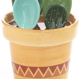 Ceramic Cactus Measuring Spoons set in pot organizer, 5 Pieces cute measuring cups and spoons set for kitchen dry wet measuring Liquid food salt and sugar kawaii Small Cacti Spoon with base cup