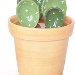 Ceramic Cactus Measuring Spoons set in pot organizer, 5 Pieces cute measuring cups and spoons set for kitchen dry wet measuring Liquid food salt and sugar kawaii Small Cacti Spoon with base cup green