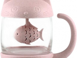 Cute Cat Glass Tea Mug Water Bottle-With Fish Tea Infuser Strainer Filter 250ML（8OZ ）tea accessories for tea lovers Pink
