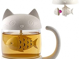 Cute Cat Glass Tea Mug Water Bottle-With Fish Tea Infuser Strainer Filter 250ML（8OZ ）Tea Accessories for Tea Lovers White